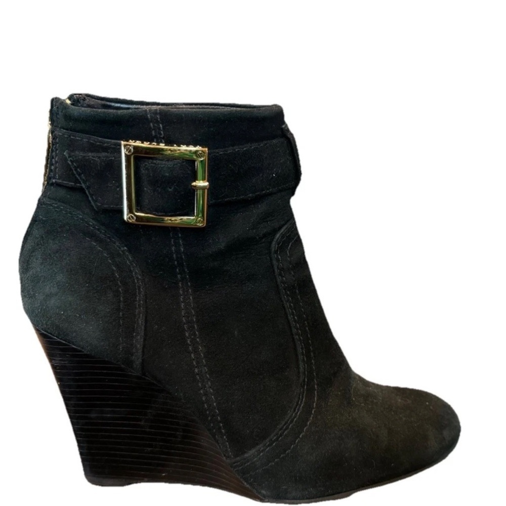 Tory Burch Black Suede Wedge Ankle Boots Gold Buckle Back Zip 7.5